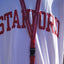 Red lanyard that has white letters reading "Stanford University" and the "S" Stanford Logo