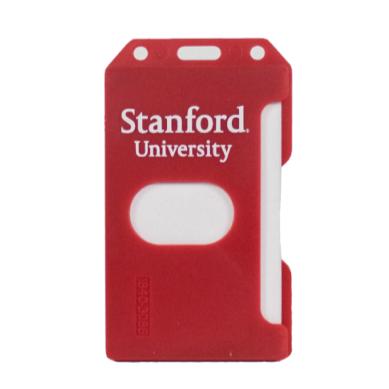 Red ID holder with side opening and white letters reading "Stanford University"